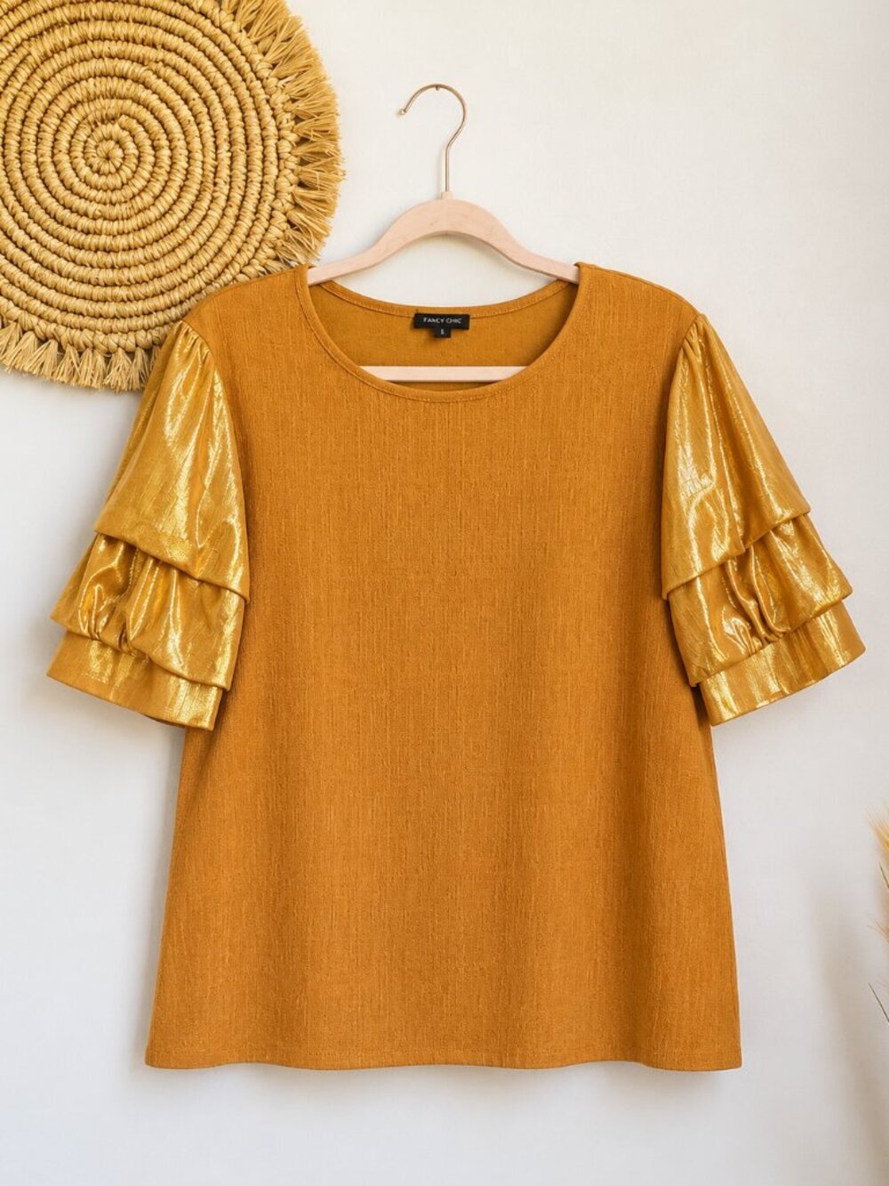 Current Air Fancy Chic Mustard Gold Metallic Ruffle Statement Sleeve Top Large